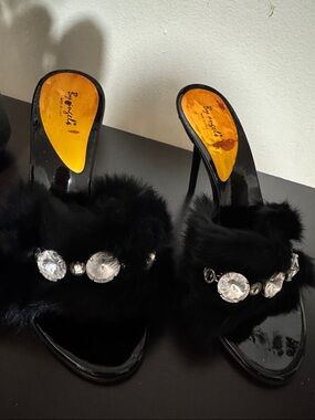 Angel Black Faux Fur Slide Mules with Crystal Accents
